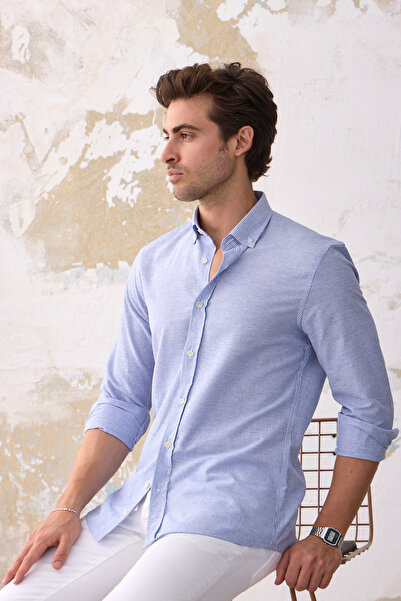 RAVANELLI Cămașă slim în dungi Giza pentru bărbați - albastru-alb, bumbac aspect in, guler cu nasturi