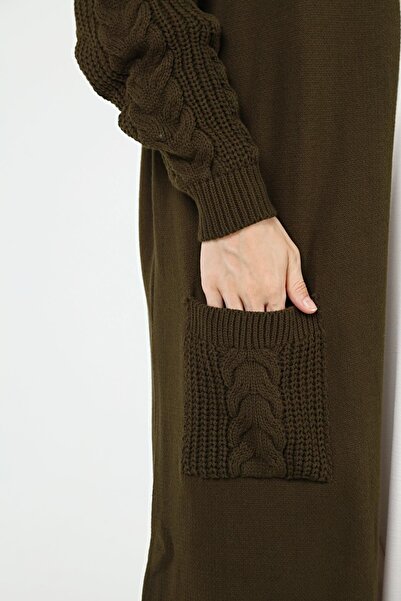 ilmek Women's Handle Hair Braided Double Pocket Garnished Winter Kimono Cardigan N4204