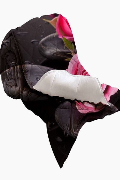 3D ELSE HALI Black Spa Stoned Pink Rose 3D Patterned Double Microfiber Quilt Sleeping Set