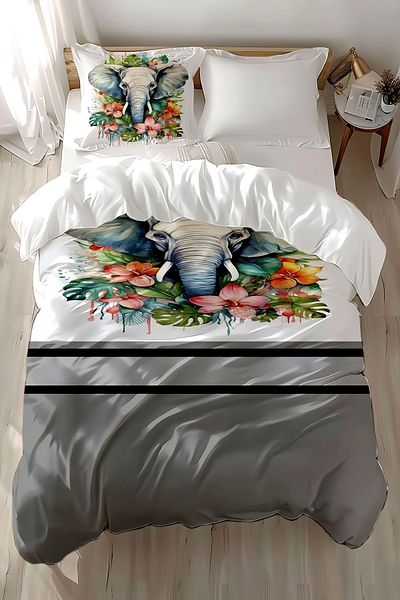 Else Halı Cotton Satin Kids and Single Duvet Cover Set - Colorful Elephants Patterned Print