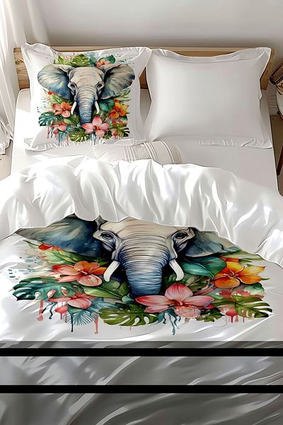 Else Halı Cotton Satin Kids and Single Duvet Cover Set - Colorful Elephants Patterned Print