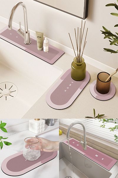 Else Dekor Else Pink Faucet Mat Σετ 3 Organizer Μπάνιου Νεροχύτης Ματ Σαπουνιού Θήκη για πινέλο Ματ κοσμήματος