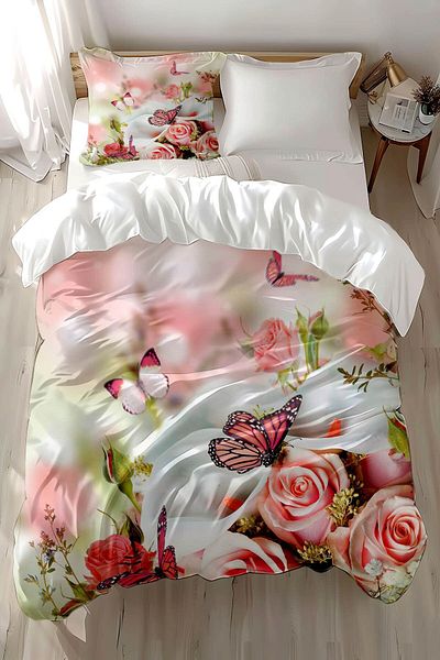 3D ELSE HALI Peöbe Cotton Satin Children's Duvet Cover - Floral and Roses Patterned Printed, Single