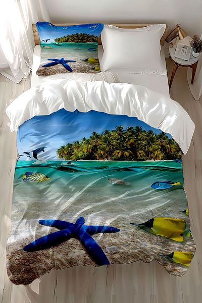 3D ELSE HALI Tropical Island - Sea Pattern Printed Cotton Satin Children's Bedding Set
