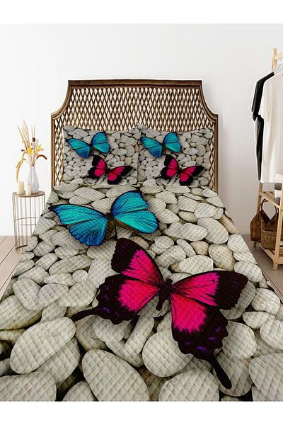 3D ELSE HALI Pink Blue Butterfly Patterned Bedspread - Double Pillowed Pique Set