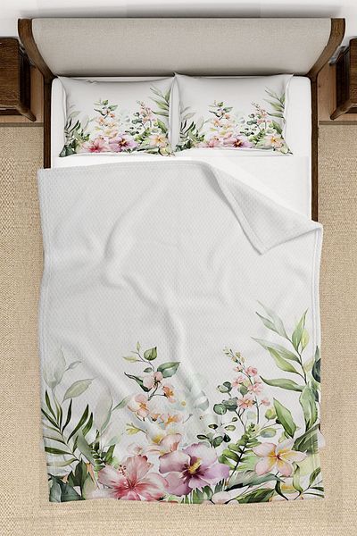3D ELSE HALI Colorful Flowers Patterned Printed Decorative Bedspread Single Pillowed Pique Set