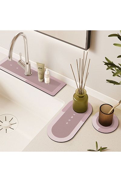 Else Dekor Else Pink Faucet Mat Σετ 3 Organizer Μπάνιου Νεροχύτης Ματ Σαπουνιού Θήκη για πινέλο Ματ κοσμήματος
