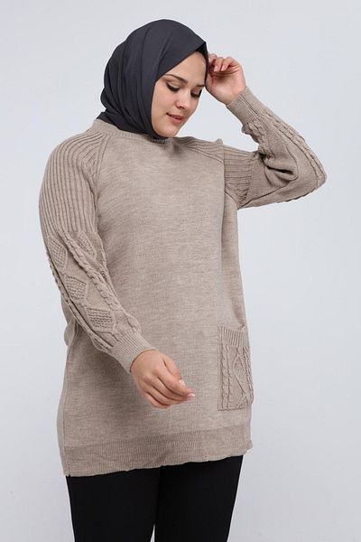 ilmek Women's Large Size Sleeve Hair Braided Pocket Winter Knitwear Tunik 4372