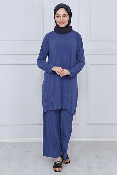 ilmek Γυναικείο Indigo Παντελόνι Hijab Tunic Πλισέ Αμμώδες Διπλό Σετ 5219
