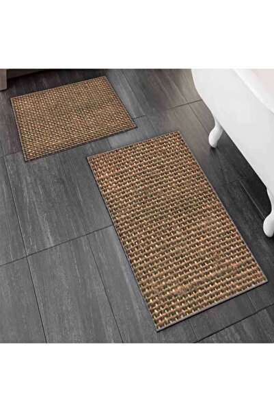 3D ELSE HALI Kahve Hasır Jüt Görünümlü 2'li Klozet Takımı Banyo Paspas Seti H...