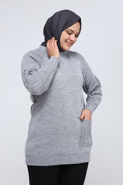 ilmek Women's Large Size Sleeve Hair Braided Pocket Winter Knitwear Tunik 4372