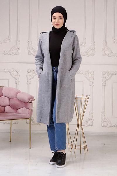 ilmek Hooded Knitwear Long Gray Cardigan – 4300