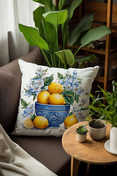 Else Dekor Față de pernă decorativă, cu model de lămâie, imprimată digitală, cu două fețe, 43x43cm