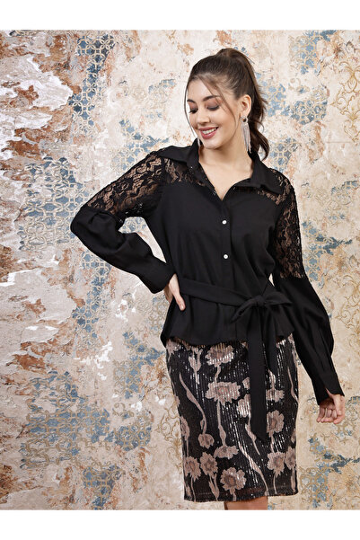 Styli الدانتيل إدراج نمط القميص الأعلى مع الخصر التعادل