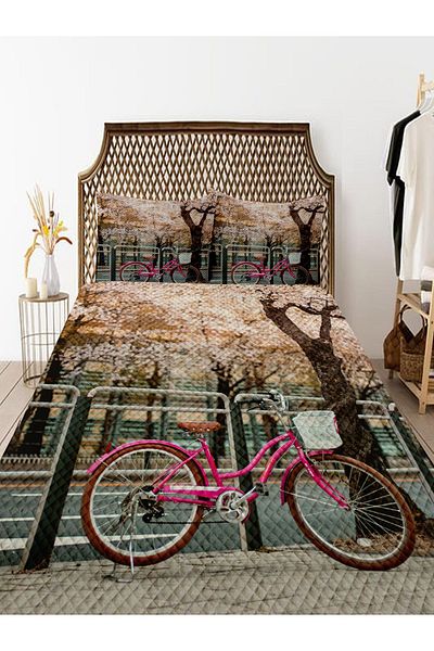 3D ELSE HALI Double Decorative Bedspread - Pink Bicycle Pattern, Printed Pique Set