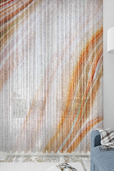 3D ELSE HALI Turuncu Mermer Desenli Dekoratif Modern Tül Fon Perde