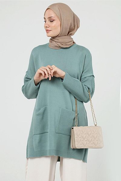 ilmek Women's Green Double Pocket Hijab Long Hijab Knitwear Tunik 4305