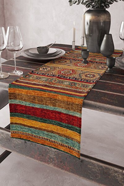 Else Dekor Yellow Red Authentic Ethnic Patterned Printed Stain Resistant Washable Decorative Tablecloth Runner