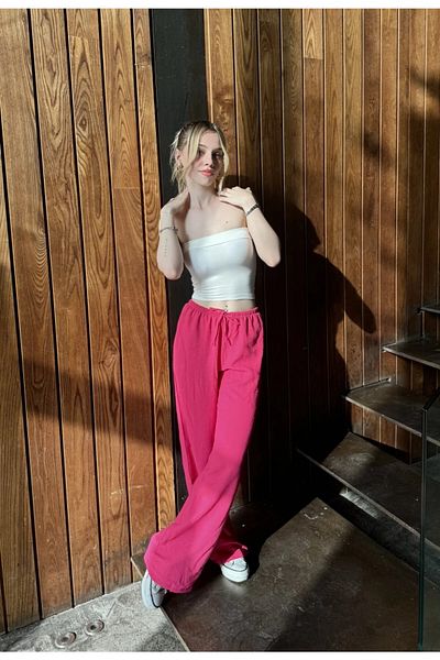 hazelin Pink Linen Trousers - Wide Leg with Pockets and Elastic Waist HZL24S-ZK11051
