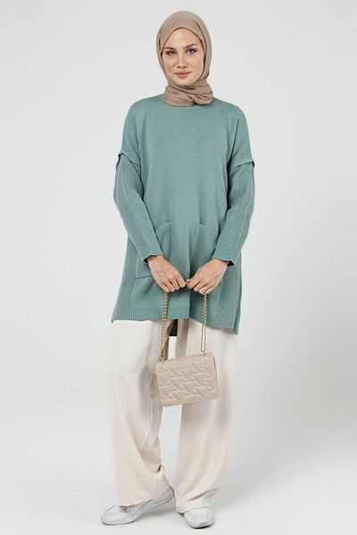 ilmek Women's Green Double Pocket Hijab Long Hijab Knitwear Tunik 4305