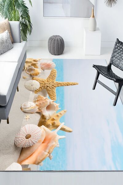 3D ELSE HALI Sahil Kumsal Desenli Modern Kaymaz Yıkanabilir Mutfak Salon Halısı