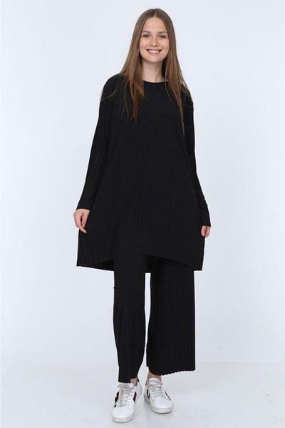 ilmek Γυναικείο μαύρο παντελόνι Hijab Tunic Πλισέ Sandy Διπλό Σετ 5219