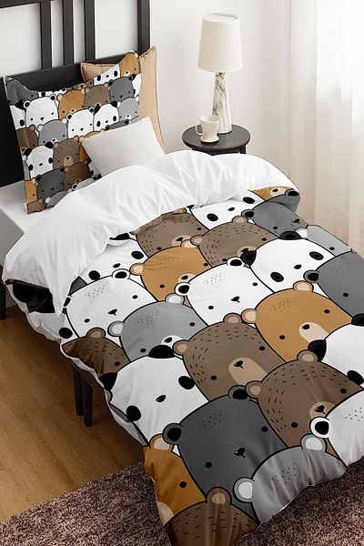 3D ELSE HALI Gray Kayve Single Children's Bedding Set - Bears Patterned Without Sheets