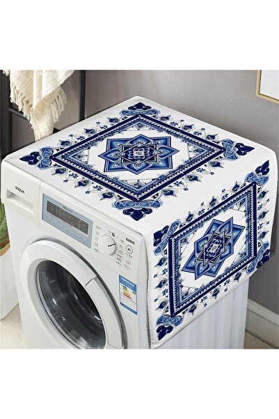 3D ELSE HALI Mavi Beyaz Çiçekli Desenli Dekoratif Bulaşık Kurutma ve Çamaşır ...