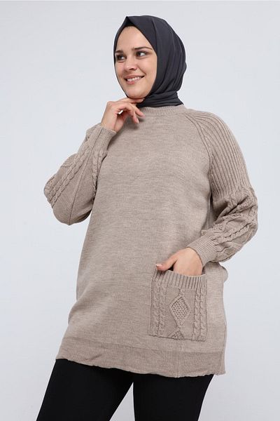ilmek Women's Large Size Sleeve Hair Braided Pocket Winter Knitwear Tunik 4372