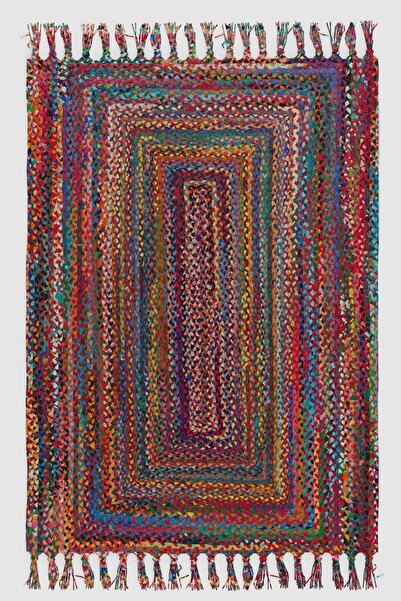 3D ELSE HALI Else Renkli Örgü Jüt Hasır Görünümlü Desenli Yıkanabilir Püsküll...