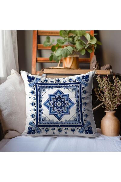Else Dekor Blue White Floral Patterned Digital Printed Decorative Double-Sided Throw Pillow Case 43x43cm