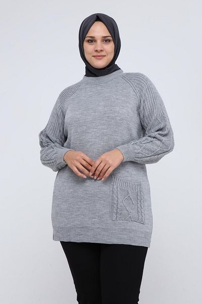 ilmek Women's Large Size Sleeve Hair Braided Pocket Winter Knitwear Tunik 4372
