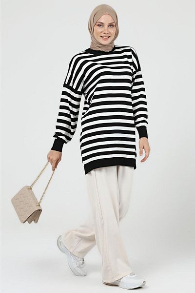 ilmek Women's Winter Striped Long Hijab Knitwear Tunik 4374