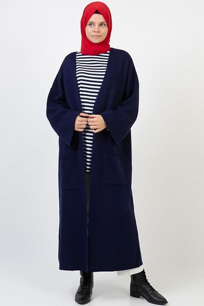 ilmek Women's Navy Blue Winter Kimono Sleeve Pocket V-Neck Cardigan 4100