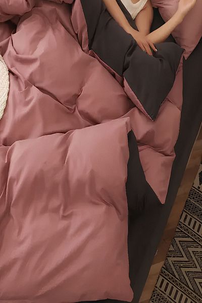 3D ELSE HALI Yavruağzı Pink Anthracite Solid Color Double Sided Cotton Satin Double Duvet Cover Set