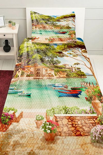 3D ELSE HALI Patterned Printed Seaside Scenery Bedspread - Single Pillowed Pique Set