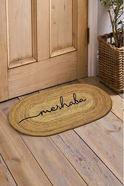 3D ELSE HALI Merhaba Yazılı Çift Taraflı El Örgüsü Jüt Oval Iç Ve Dış Kapı Ön...