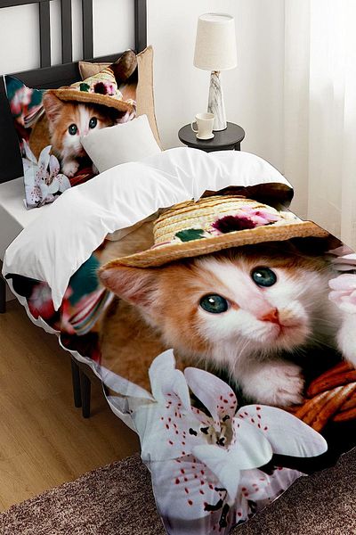 3D ELSE HALI Cat Patterned Printed Cotton Satin Children's Bedding Set - Single
