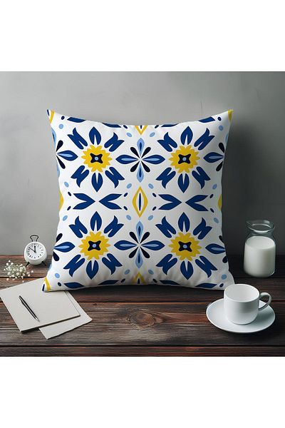 Else Dekor Albastru Alb Galben Față de pernă decorativă, cu model etnic, imprimat digital, cu două fețe, 43x43cm