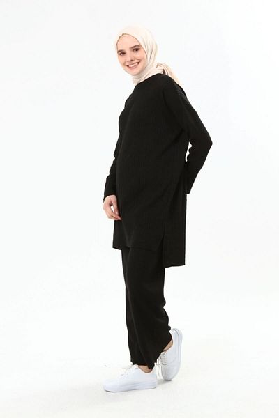 ilmek Black Braided Women's Trousers and Tunic Set - 4278