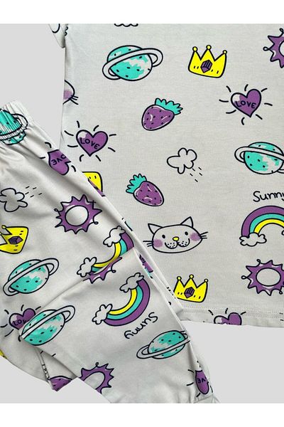 elmas kids Girl's 100% Cotton Rainbow Strawberry Heart Patterned Short Sleeve Summer Pajamas Set
