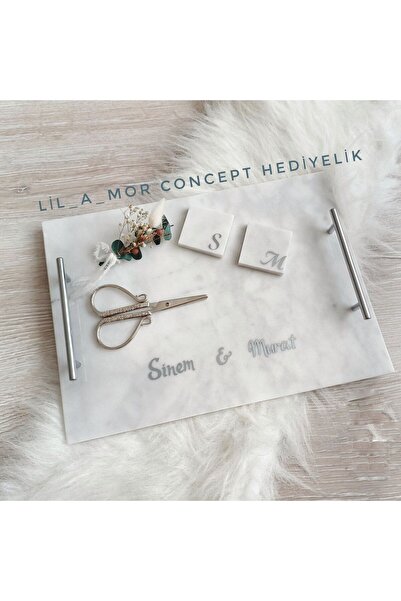 LilAmor Concept Hediyelik Mermer Söz tepsisi yüzük yükseltici makas nişan set