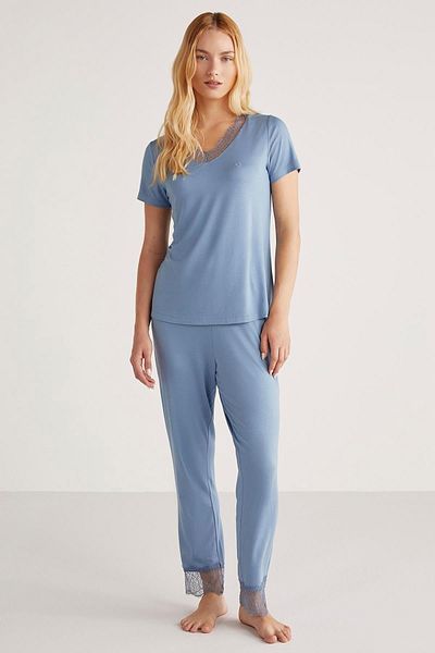 Penyemood Indigo Lace Women's Pajamas Set - Short Sleeve C6T5N4O9