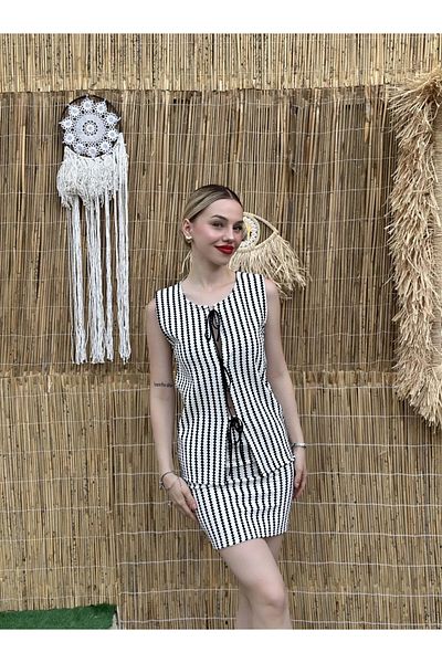 hazelin Black and White Striped Women's Knitwear Suit - Tie-Up Blouse and Skirt HZL24S-ZK10271