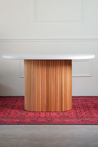 Woodenbend Mirla Oval Ahşap Natural Masa 80x130 Beyaz Üst Tablalı Bohem İskandinav Yemek Masası