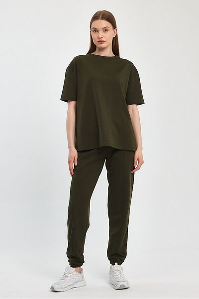 Penyelux Khaki Colored Crew Neck Soft Textured Oversize Long Women's T-shirt - 2 Thread Washable