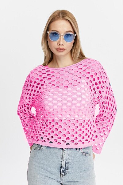 FEMELLE Kadın Pembe Standart Beden Transparan Geniş Kol Triko Fileli Pamuk Tr...