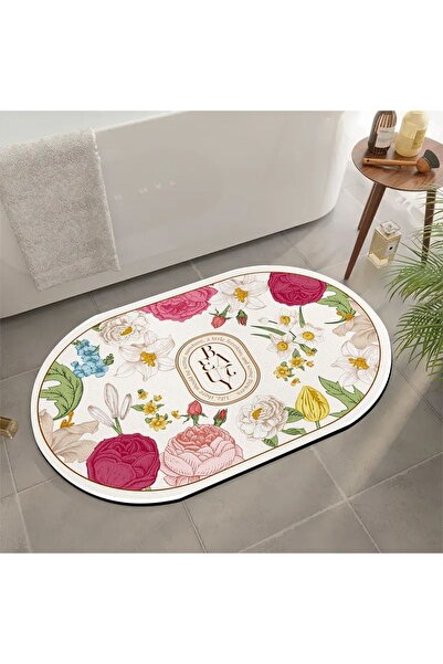 3D ELSE HALI Else Çiçek Desenli Su Emici Duş Önü Banyo Paspası Klozet Tek Par...