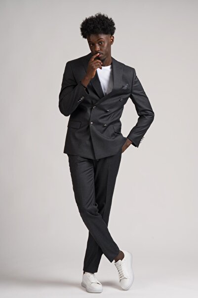 ADİMO Adimo Slimfit Sivri Yaka Çift Yırtmaçlı İnce Çizgili Kruvaze Takım Elbise