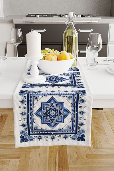 Else Dekor Aleargă decorativă, fără griji, rezistentă la pete, cu model floral, albastru, alb, imprimat digital 40x140cm